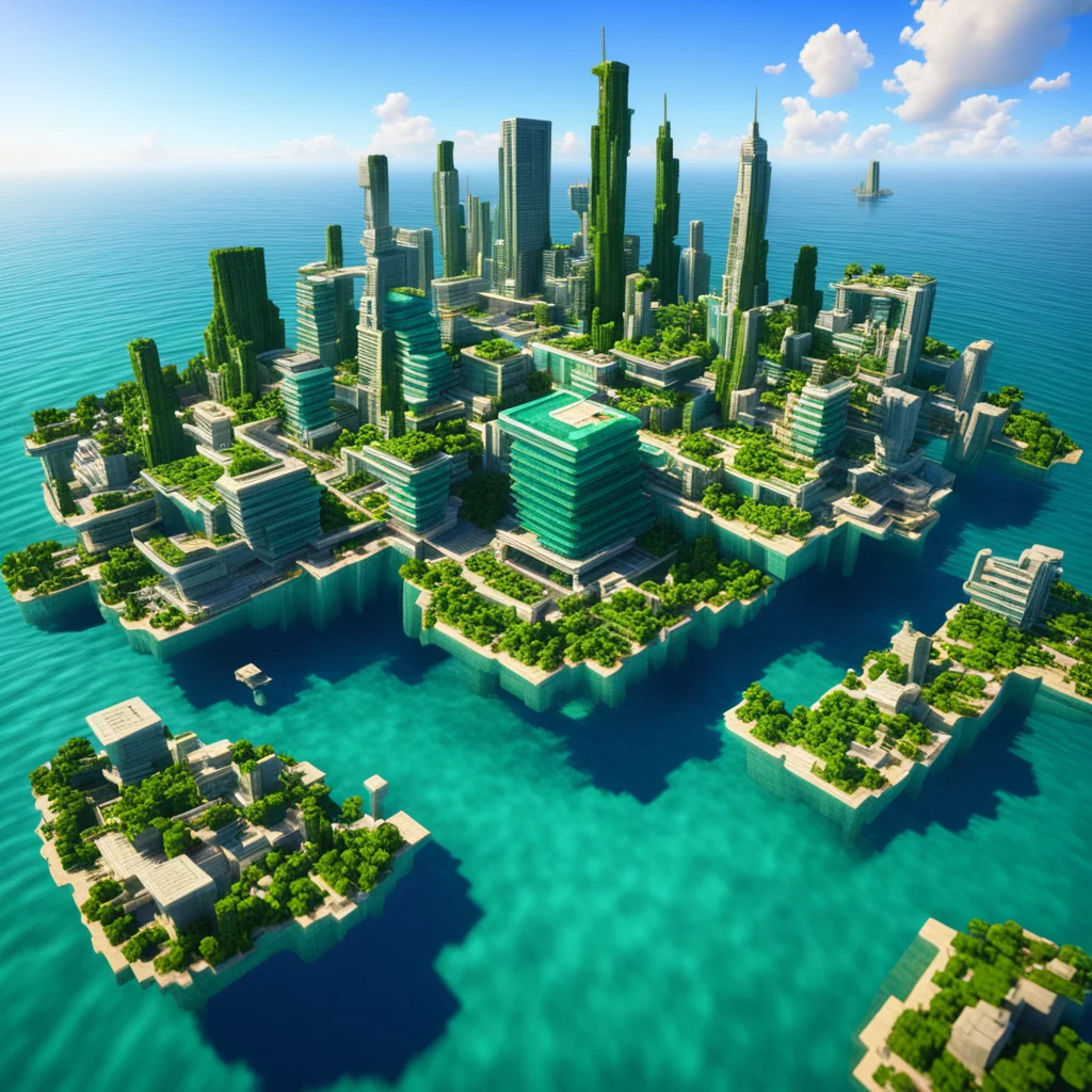 minecraft render of futuristic luxurirous city floating on the ocean