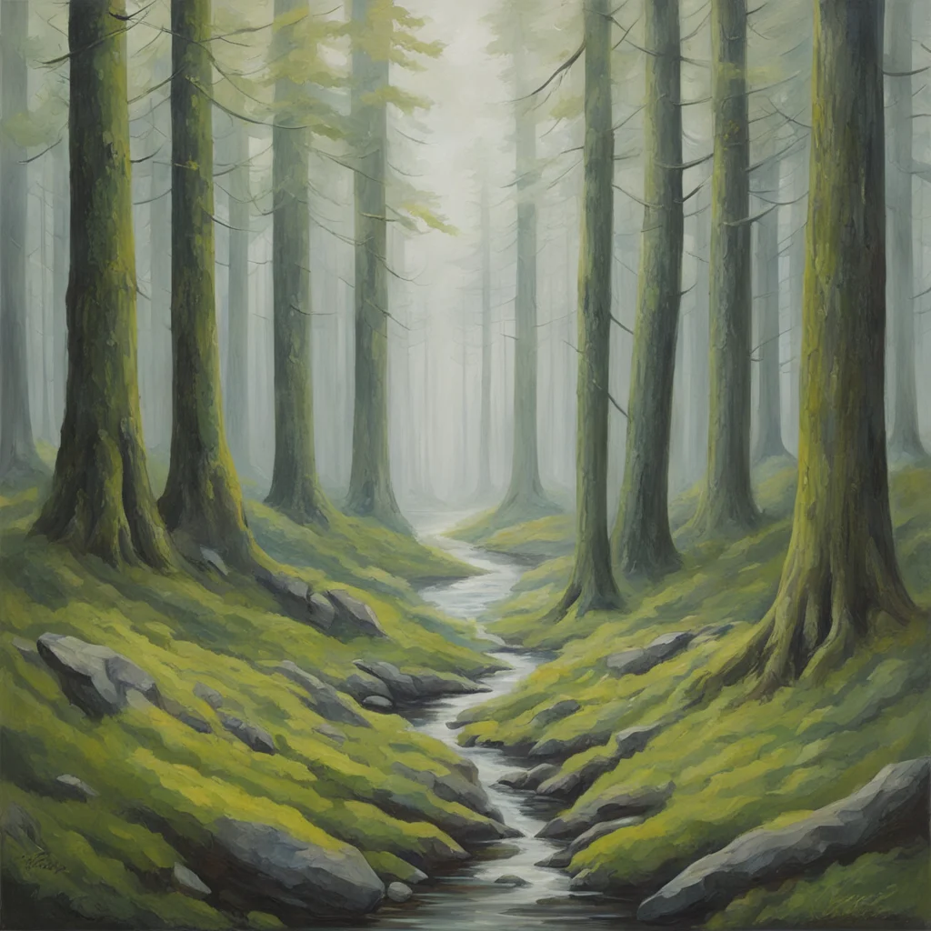 minimal oil painting a forest of ancient trees covered is moss a beautiful woman standing in glacier national park ar 16