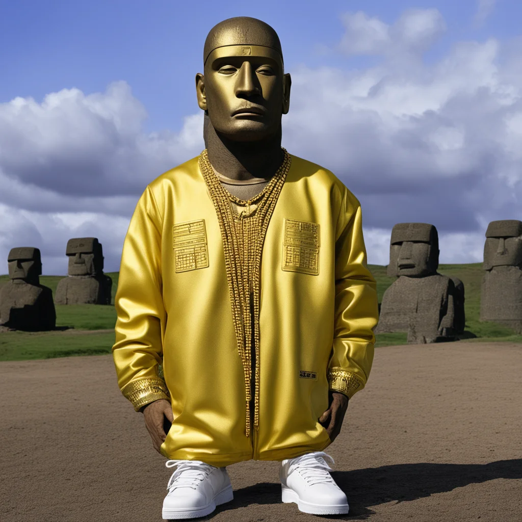 moai easter island wearing full adidas track suits gold chains beastie boys album cover boomboxes