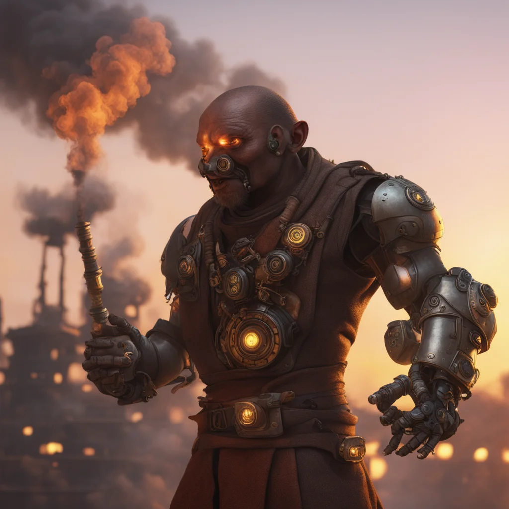 monk with a robotic arm smoke emitting from his eyes wispy backlit character design steam punk demon sunset detailed 8k 
