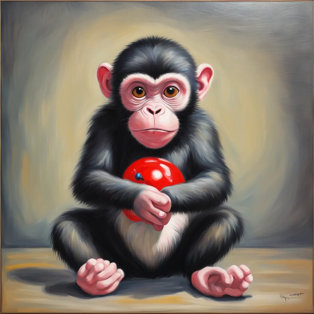 monkey frustrated with his toy oil painting on canvas