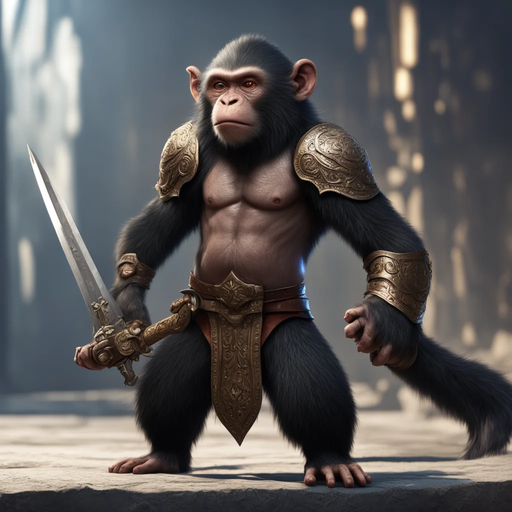 monkey with a very big sword volumetric light symmetrical insanely detailed unreal engine render artstation trends hyper