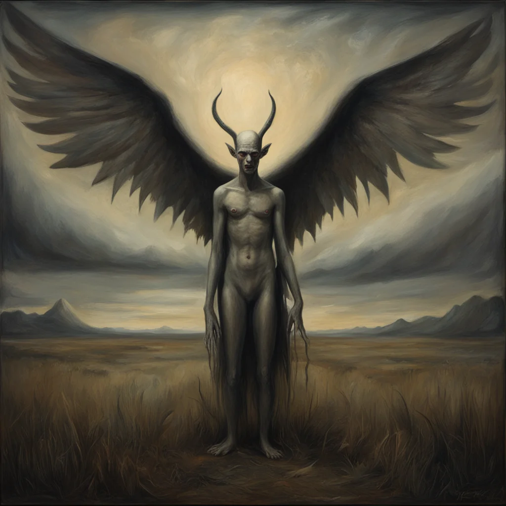 monster sinister wings demon in field odd nerdrum horror distant towers oil painting detailed hyper realistic macabre