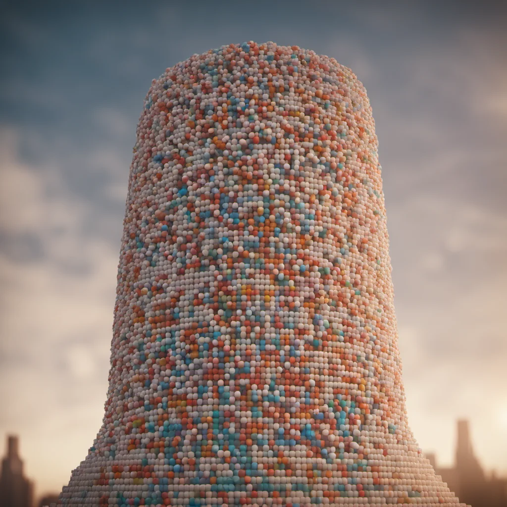 monumental tower made out of pills photorealistic octane render cinematic volumetric lighting sharp in focus blur0 ar 15 test