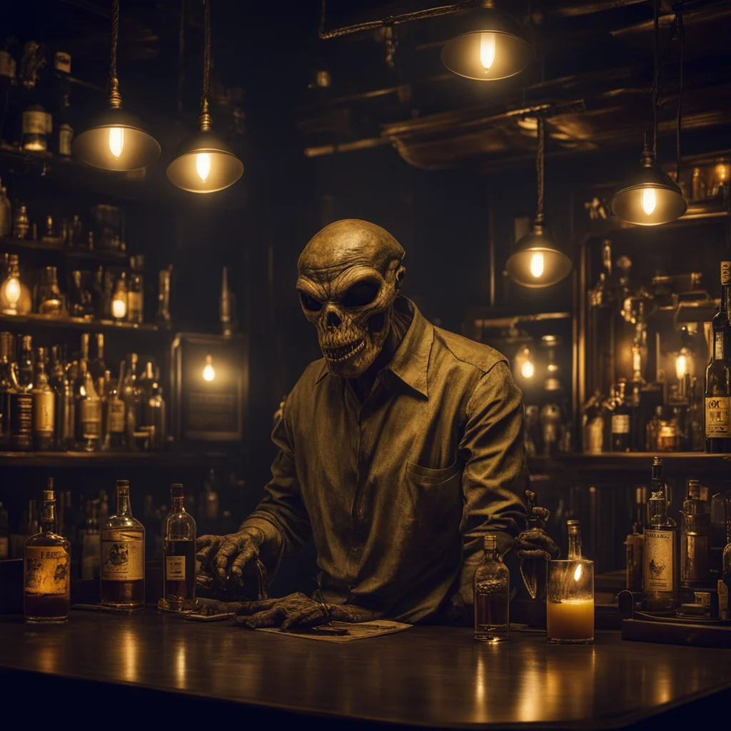 moody dark bar low hanging lamps golden shirt alien bartender doom dystopia old fashioned cocktail night highly detailed