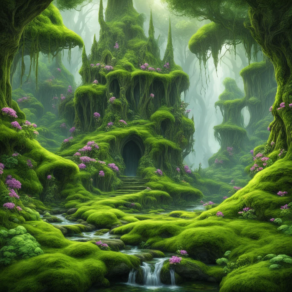 mossy elven paradise magical glistening hyper detailed