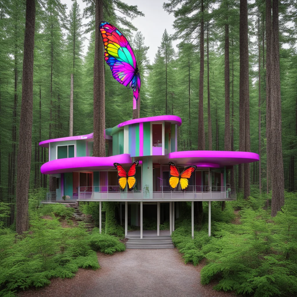 motel in the woods with 10 doors and rainbow butterfly accents