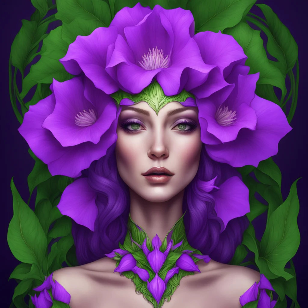 mother nature queen character purple datura medel flowers in full bloom Art Deco highly detailed symmetrical face single