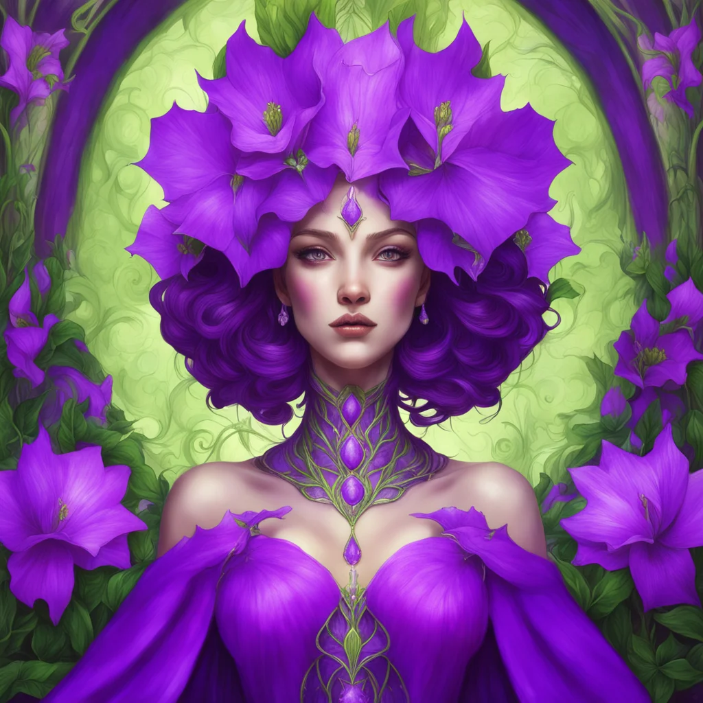 mother nature queen tarot card character purple datura medel flowers in full bloom drooping Art Deco highly detailed sym
