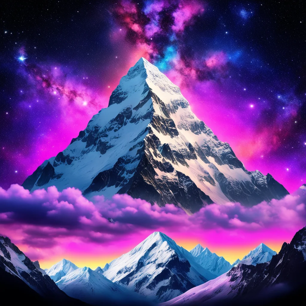 mount everest on the bottom black starry milky way space on the top colorful sunset sky and clouds lisa frank ar 36