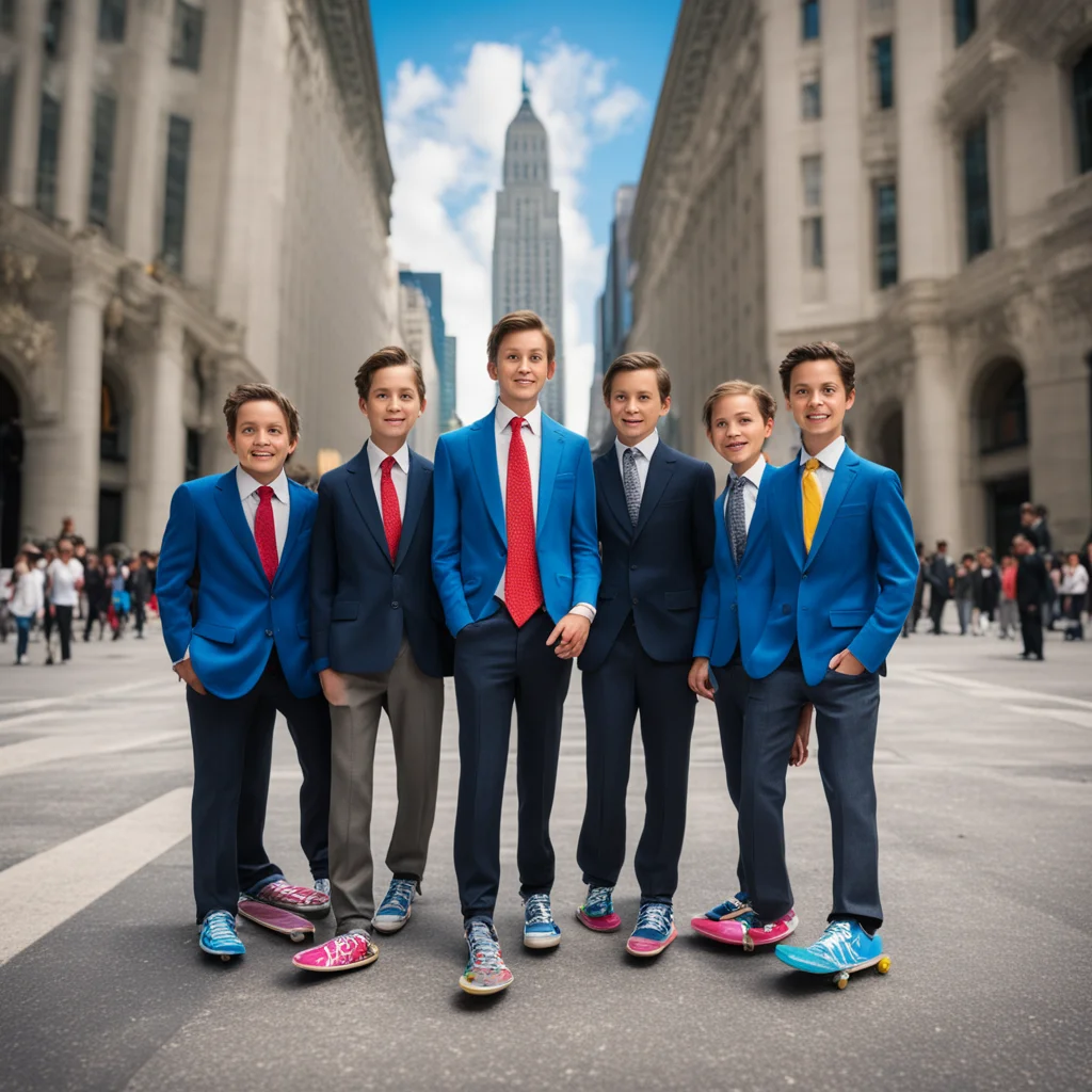 movie poster of 5 college kids posing with skateboards and wearing suits and ties in front of New York Stock Exchange ph