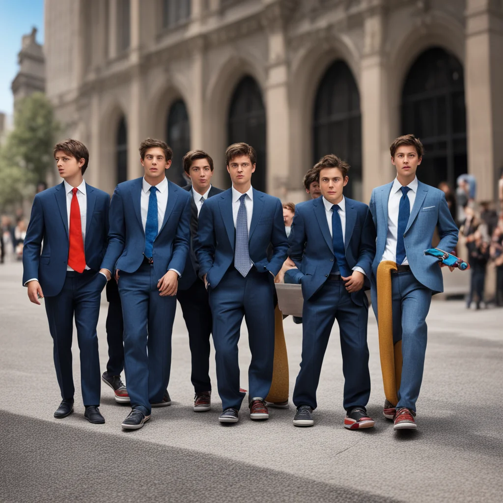 movie poster of 5 college kids posing with skateboards and wearing suits and ties on Wall Street photography sunny highl