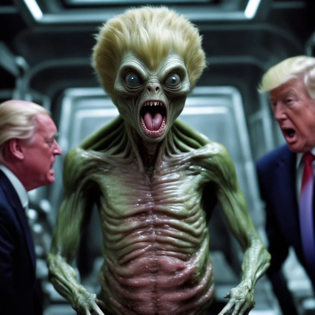 movie scene from alien where the alien bursts through stomach but the alien is donald trump