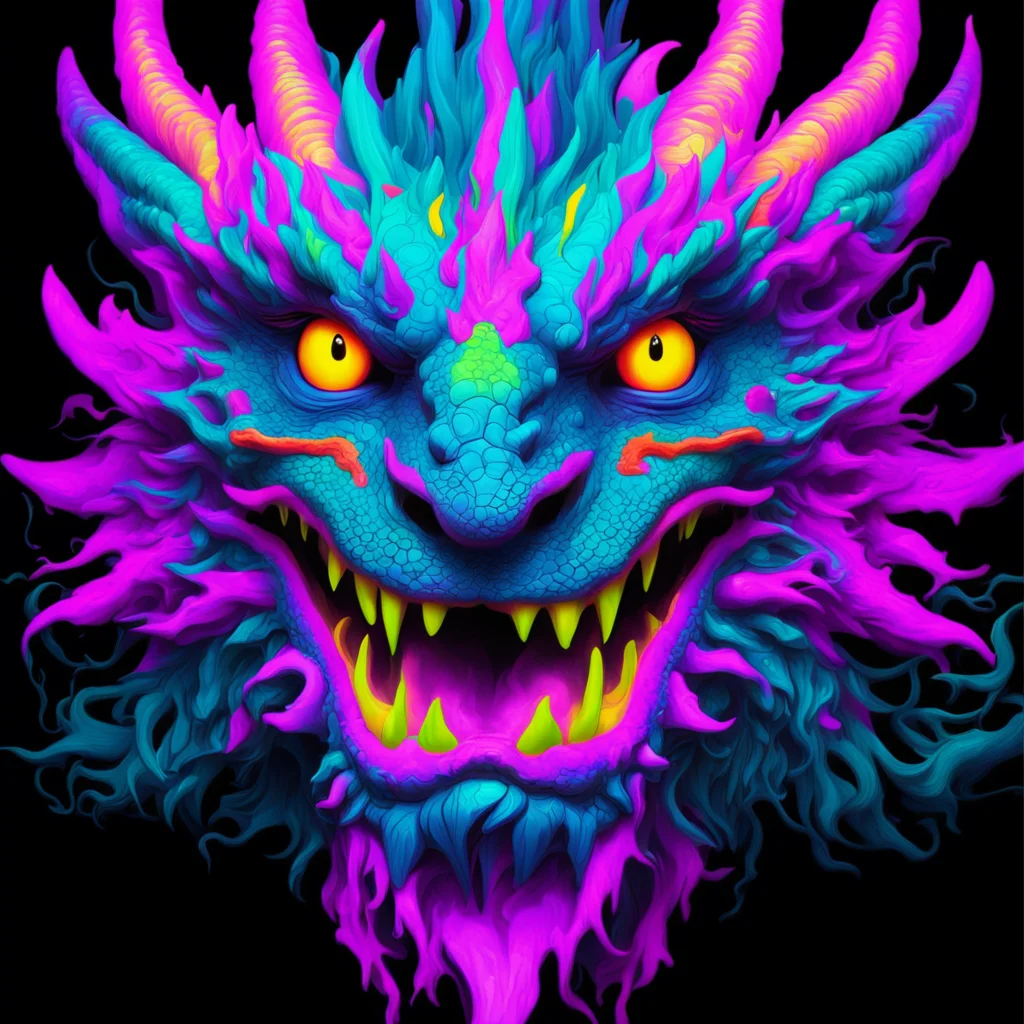 multicolored blacklight graffiti painting of a super cool chinese dragon face 3d effect HDR ON hyper realistic cinematic