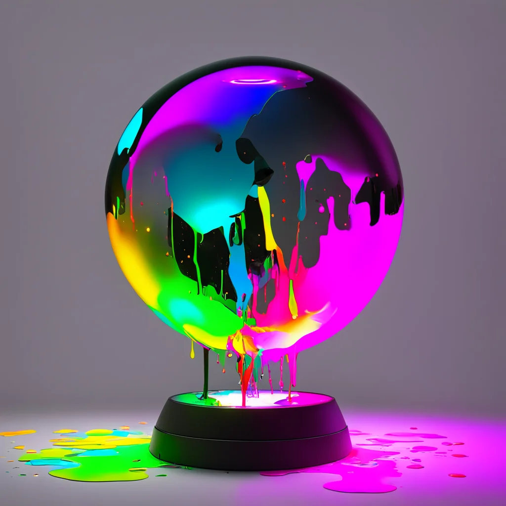 multicolored desk lamps crushed into a hovering glowing orb with paint dripping from it