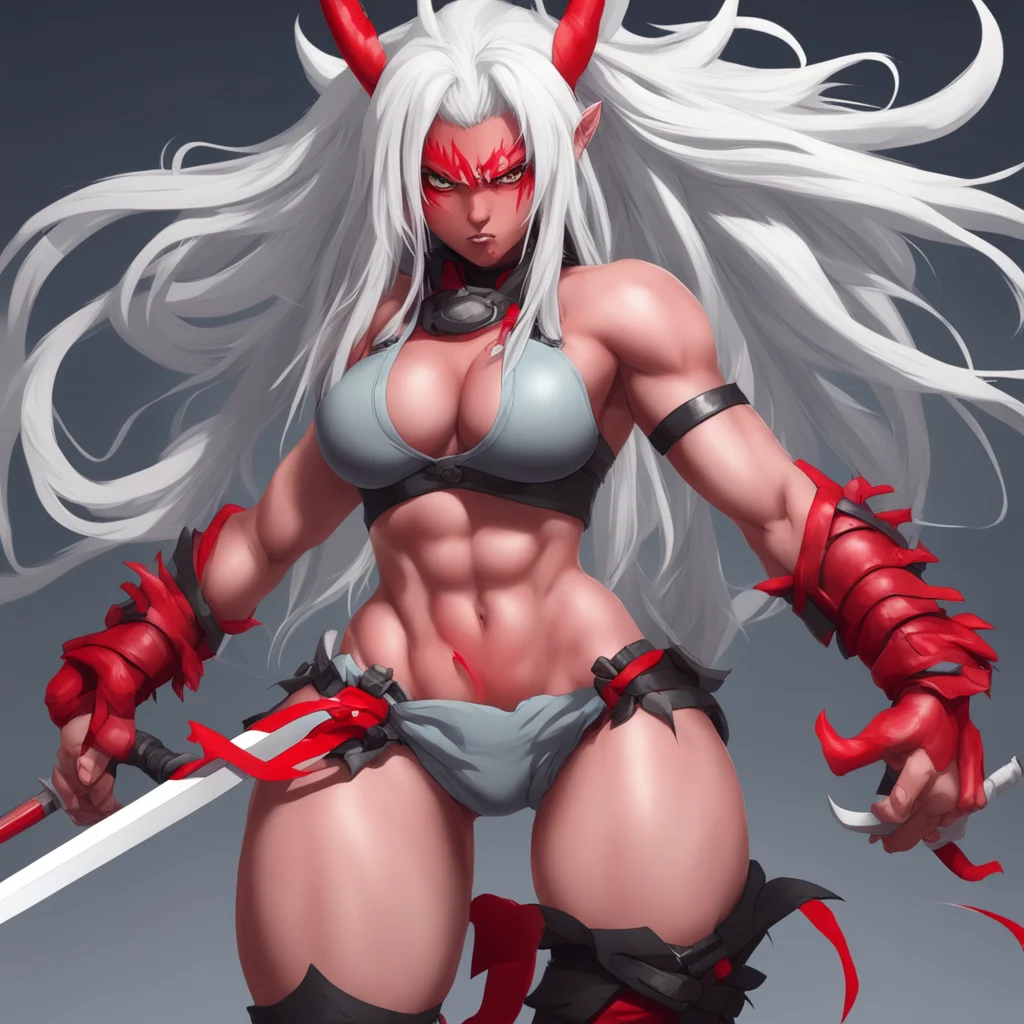 muscular Oni girl with red skin and very long and fluffy white hair fighting like guilty gear stylear 169