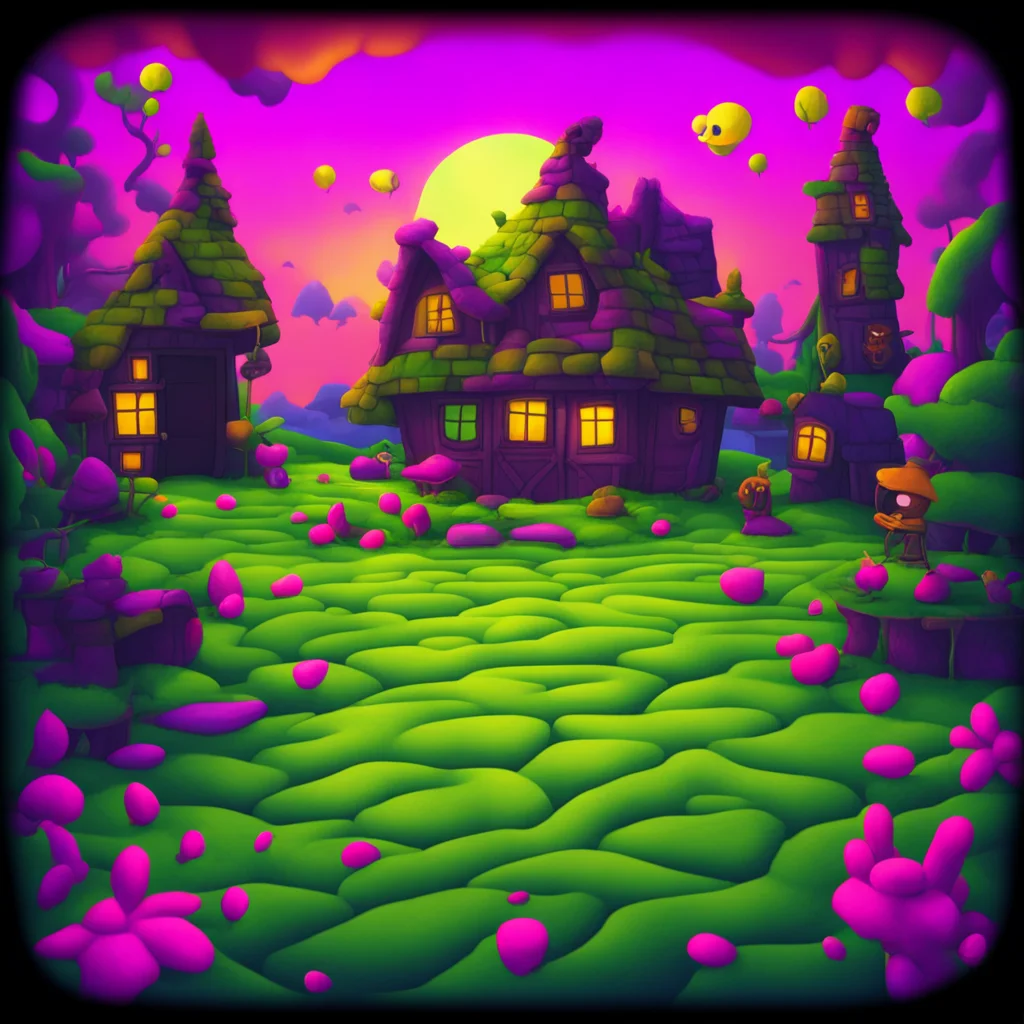 n64 level of a surreal game with a cottage in the silly nightmare realm with happy goblin silhouettes in quilted clothes