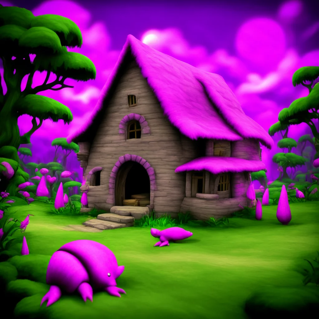 n64 level of a wacky game in the nightmare realm with a cottage shaped like a pink fairy armadillo