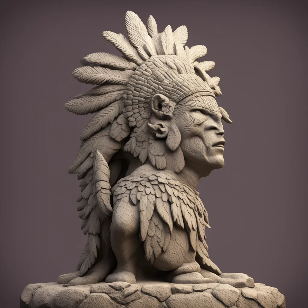 native American wind god statue with headdress as a limestone carving the style of a diorama claymation cinematic lighti