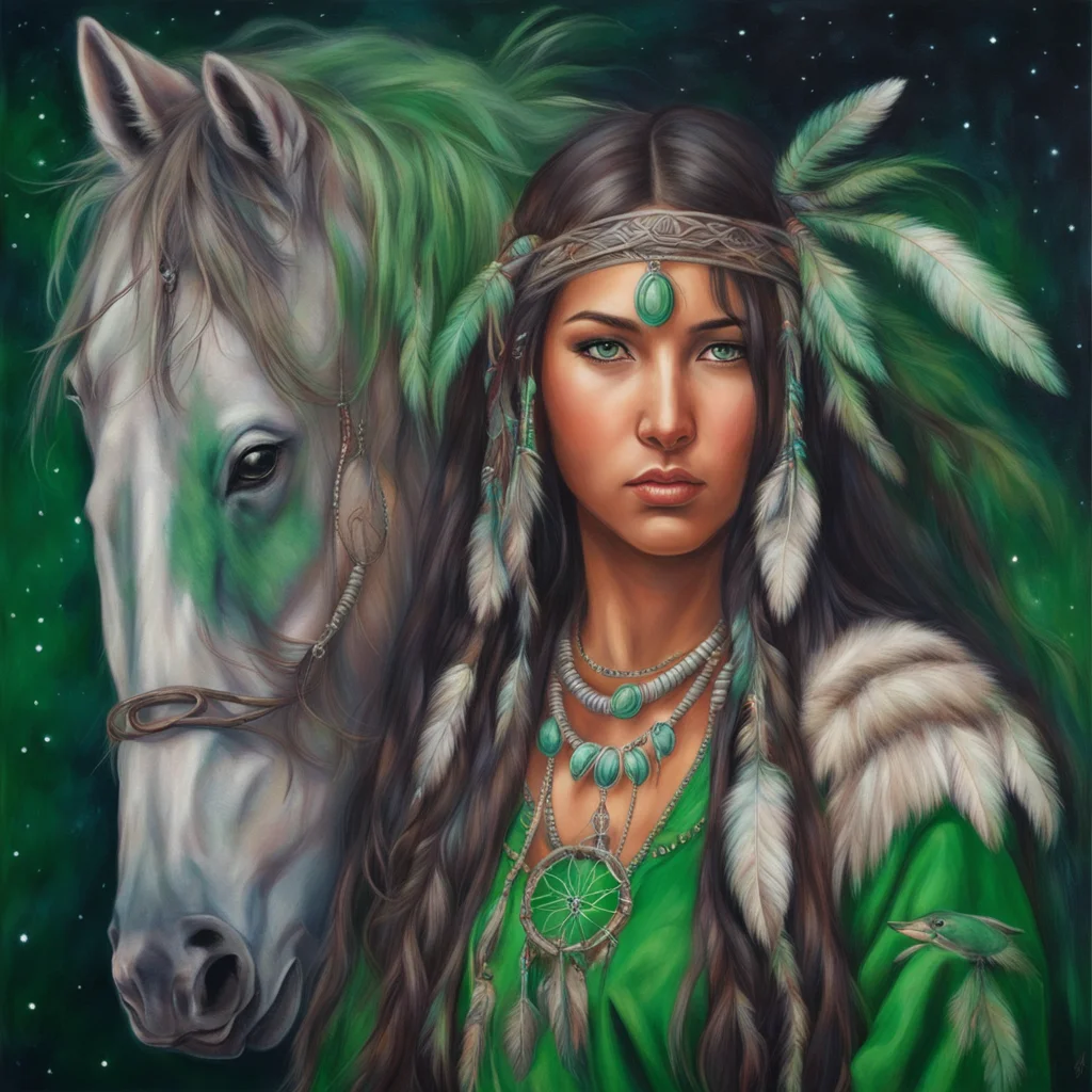 native american girl in her 20s with green eyes and green native clothes with feather dream catcher with a horse beautif