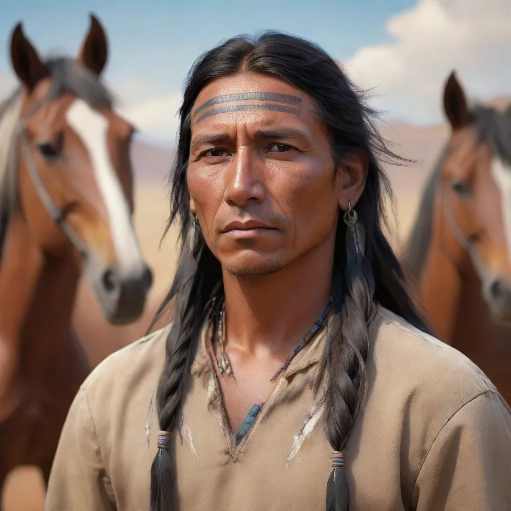 native american man portrait in 3d digital art with mustang horses in the background, change face anime
