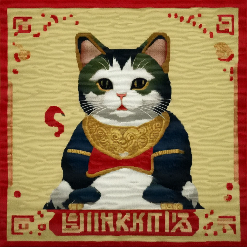 needlepoint of 1930smoney rich chinese maneki neko happy cat smoking a cigarette