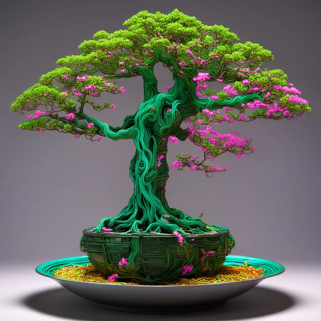 neon Bonsai tree  ornate  carved from opal by tsutomu nihei freight container in a bowl of ramen noodle soup with chopst