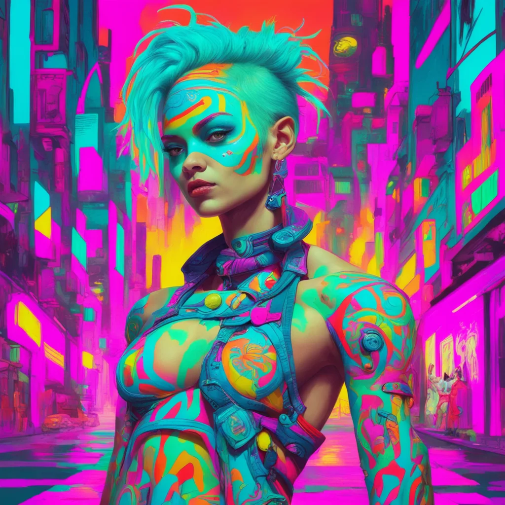 neon Tribal woman in style of James jean and tank girl with street background in the style of Roger dean painted ar 13