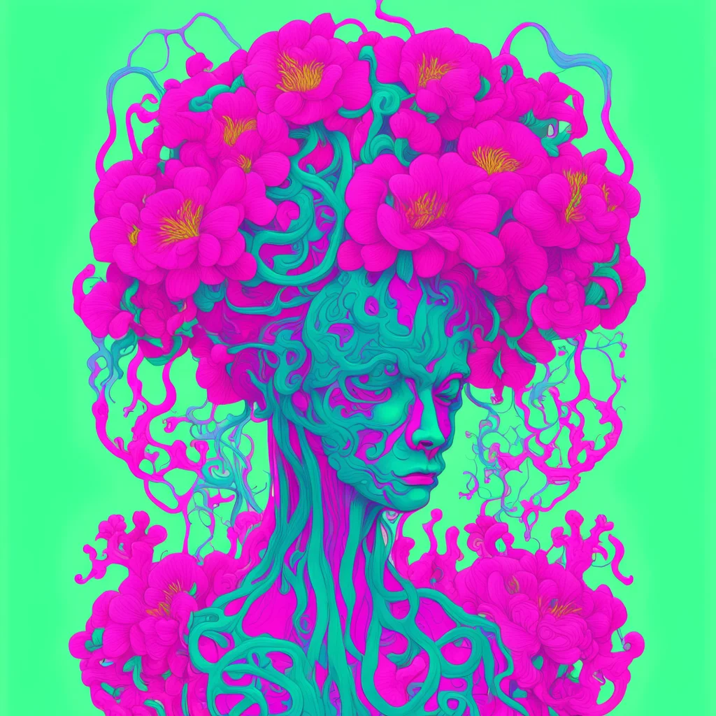 neon nervous system connected to 3d flower brain in the style of james jean full body risograph