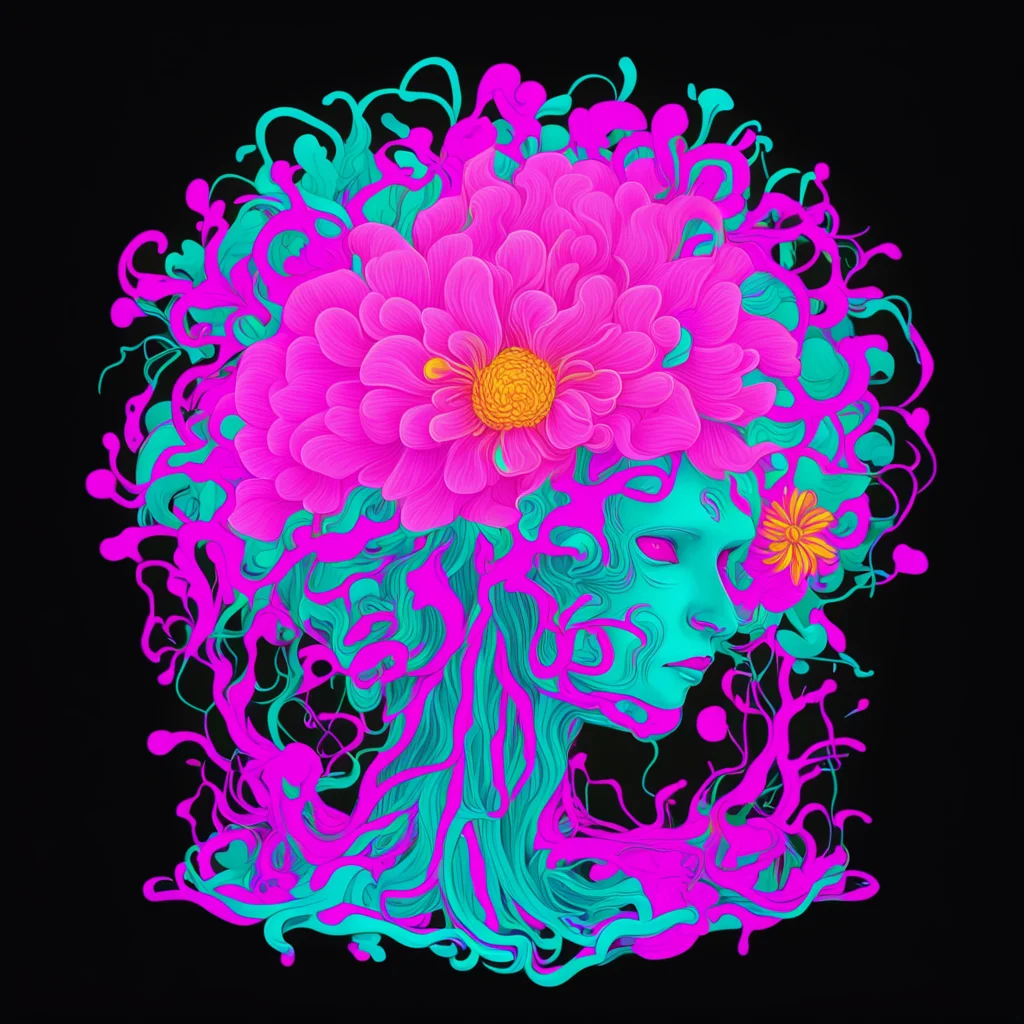 neon nervous system with flower brain in the style of james jean  dramatic angle