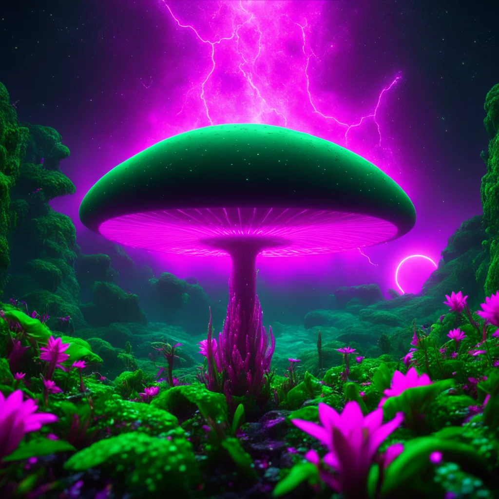 neon pink Stapelia Gigantea submarine travels through space In the background is a huge glowing green jungle planet with
