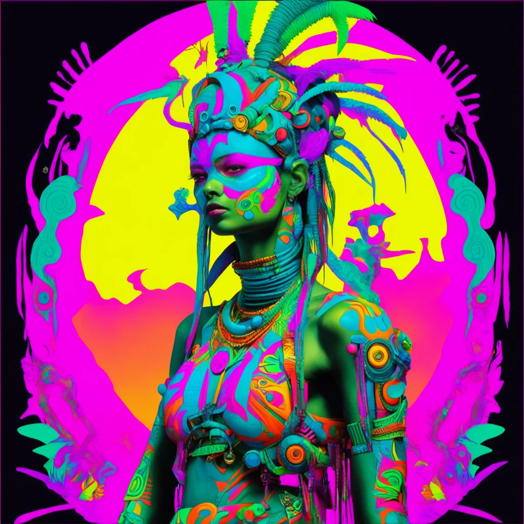 neon woman in tribal wear in the style of Roger dean James jirat tank girlar 916