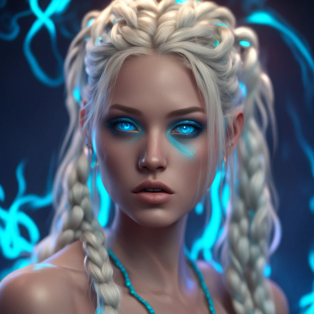 nevada parker blonde long braids updo tongue piercing wallpaper art fantasy portrait glowing neon blue eyes detailed wis