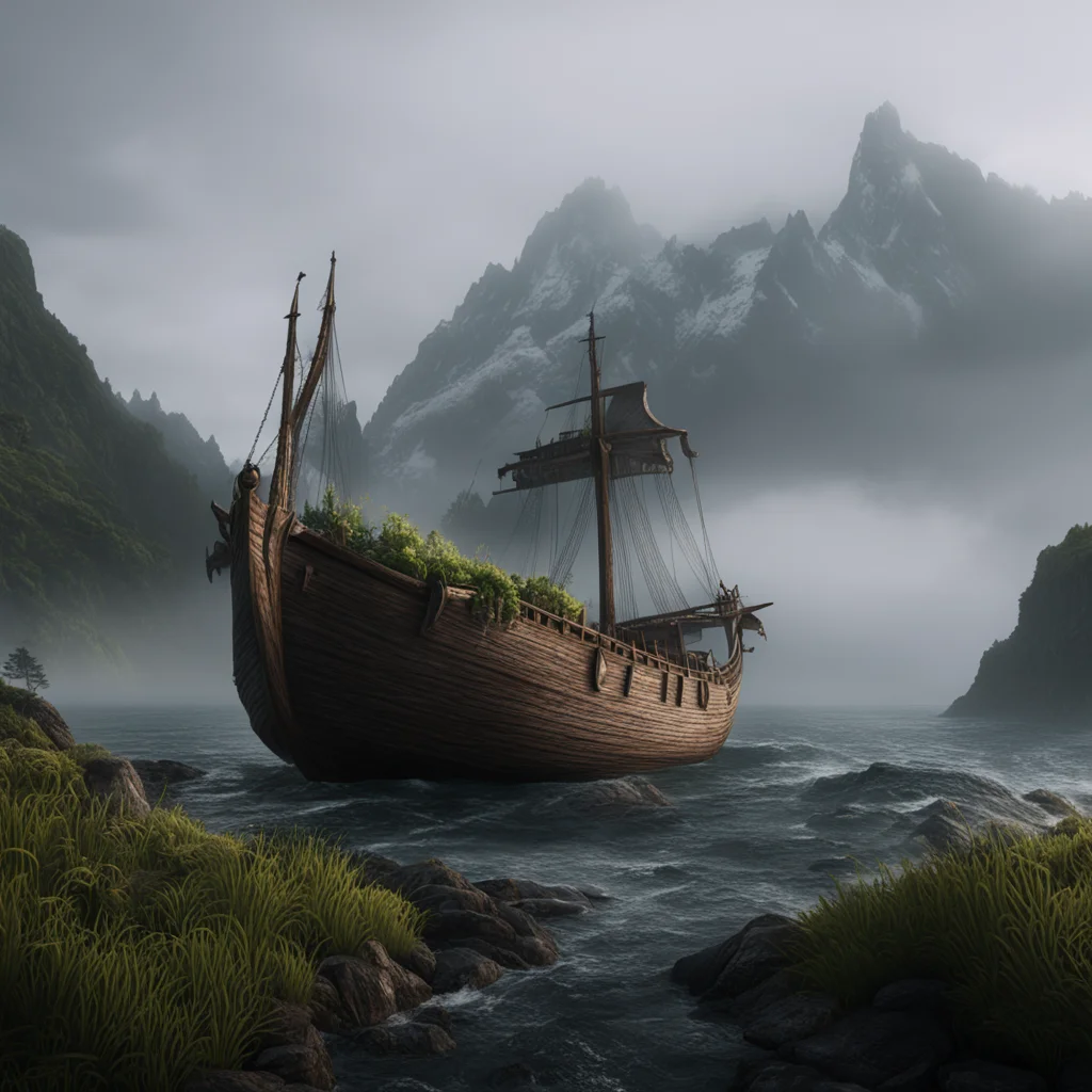 new Zealand iceland fog viking ship cinematic painting detailed realistic plants unreal engine The Revenant Megascans da