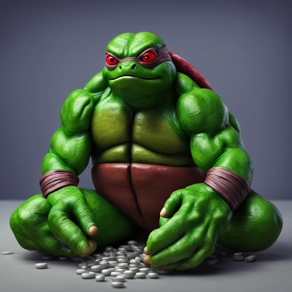 ninja turtle taking anti depression pills hyperrealistic atmospheric creepy