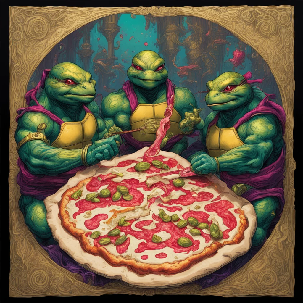 ninja turtles eating pizza in a colourful new world on dark paper with gold foil ink dropped in water by peter mohrbache