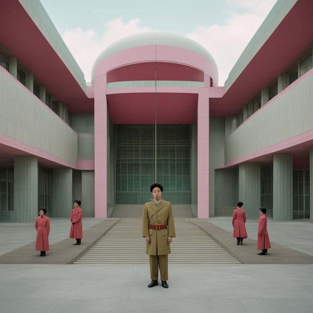 north korean sci fi architecture symetrical exterior uniform photography cinematography by wes anderson