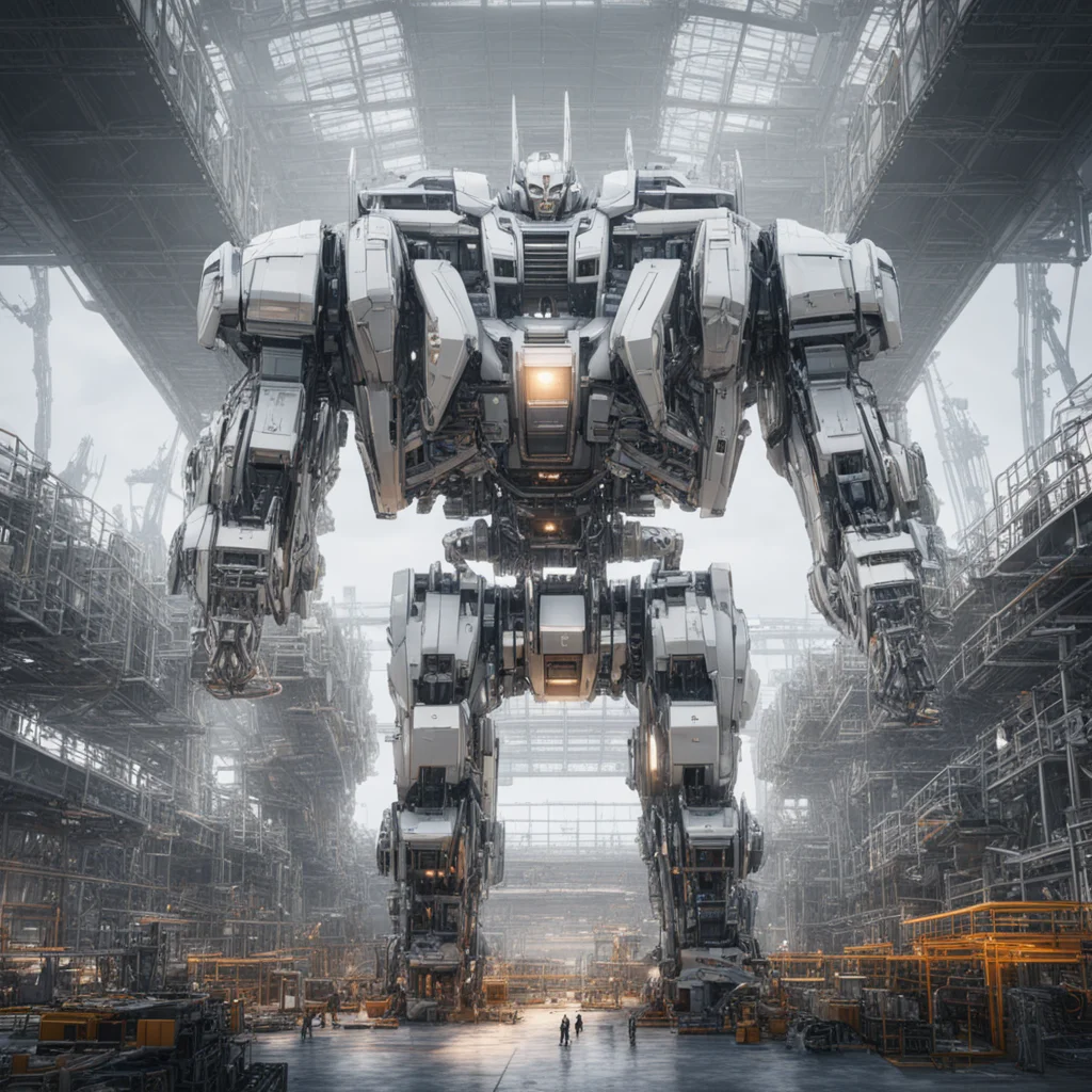 nside of a multi level robot manufacturing hangar  tall gigantic silver mecha gundam being built with scaffolding going 