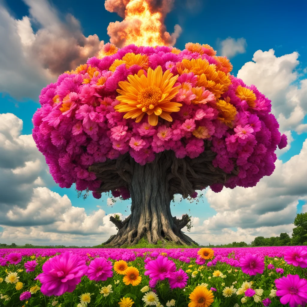 nuclear explosion made of flowers painterly beautiful intricate detail wide angle sky POV —ar 31