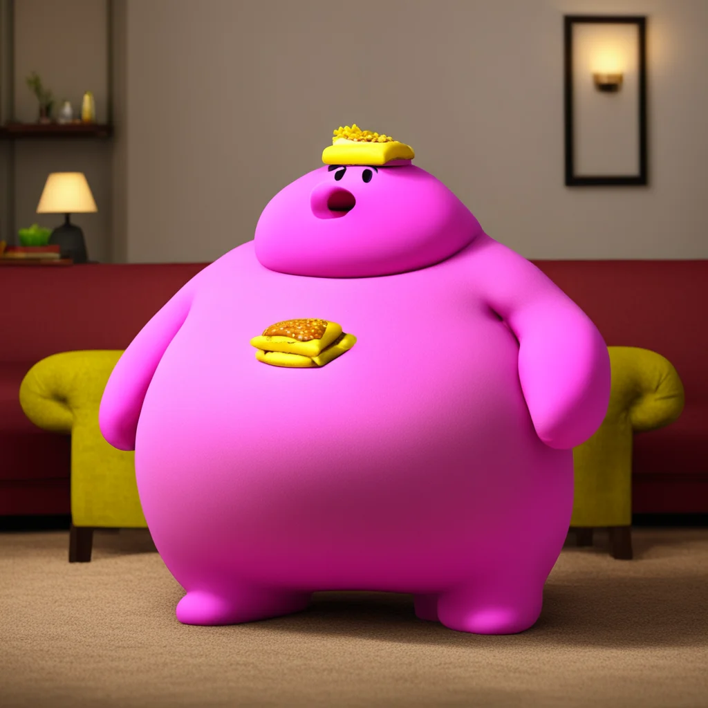 obese Kirby huge overweight eating a cheeseburger cinematic life like dim lighting on a lazy boy couch