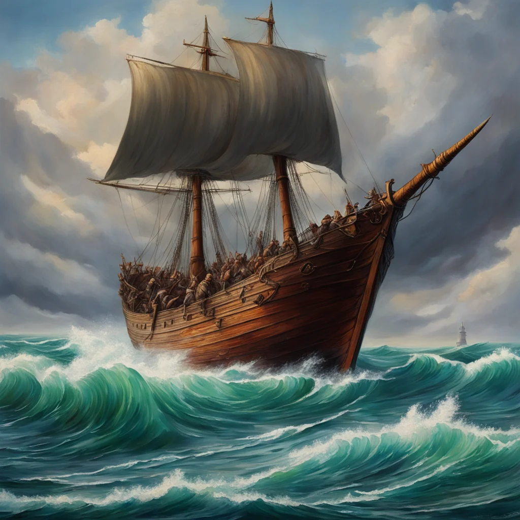 oil painting The mighty Viking warship Rides the waves with ease With its large sail billowing In the wind The ship is l