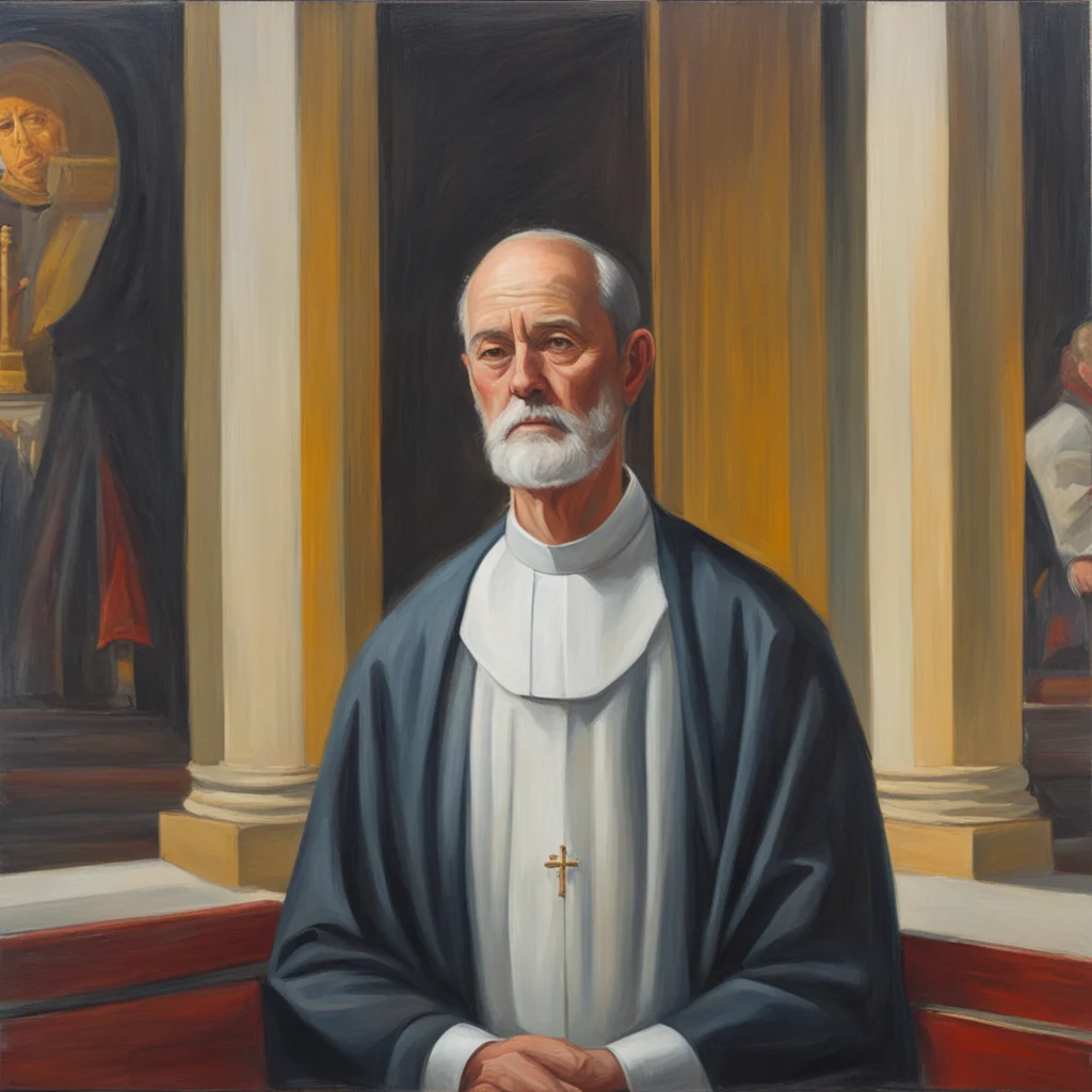 oil painting of a priest at a church