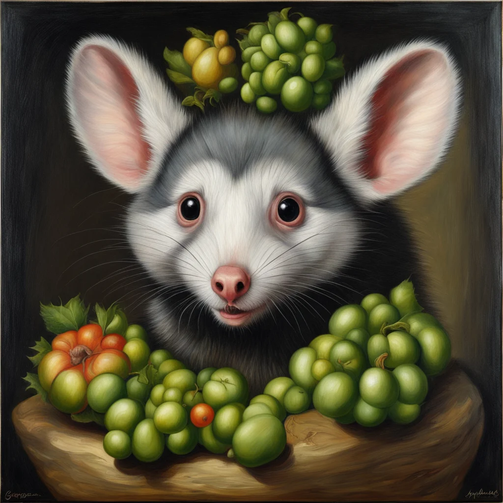 oil painting of an opossum by Giuseppe Arcimboldo vegetables portrait