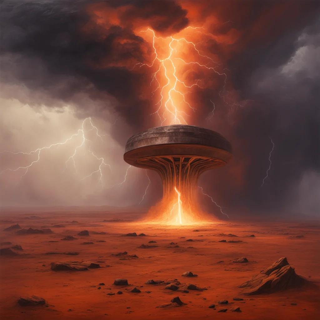 oil painting showing a mysterious structure on the surface of Mars Dramatic lightning and swirling dust clouds
