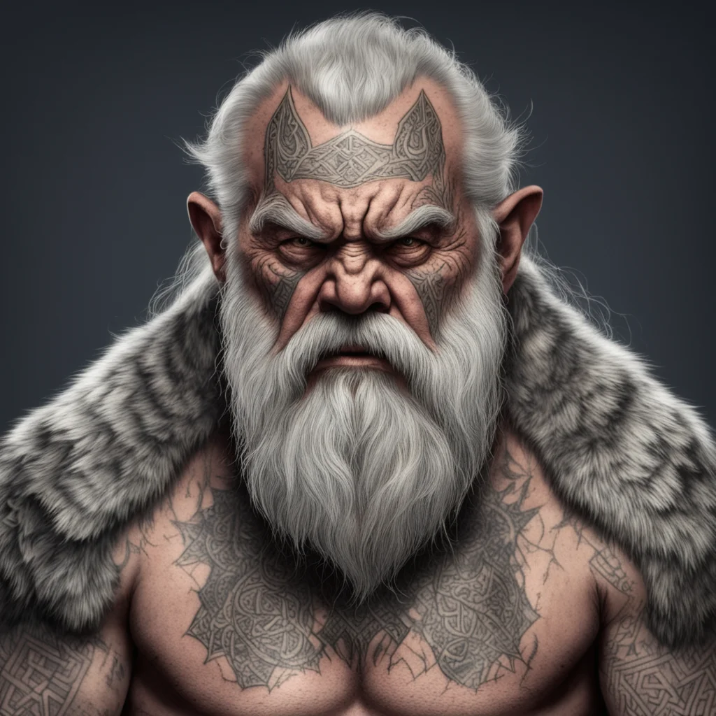 old angry scarred whitebearded dwarf wearing wolf pelt runic geometry tattoos on face