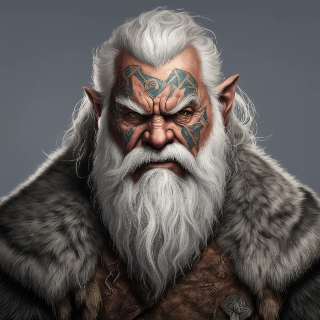 old angry whitebearded dwarf with rune tattoos on face wearing wolf pelt