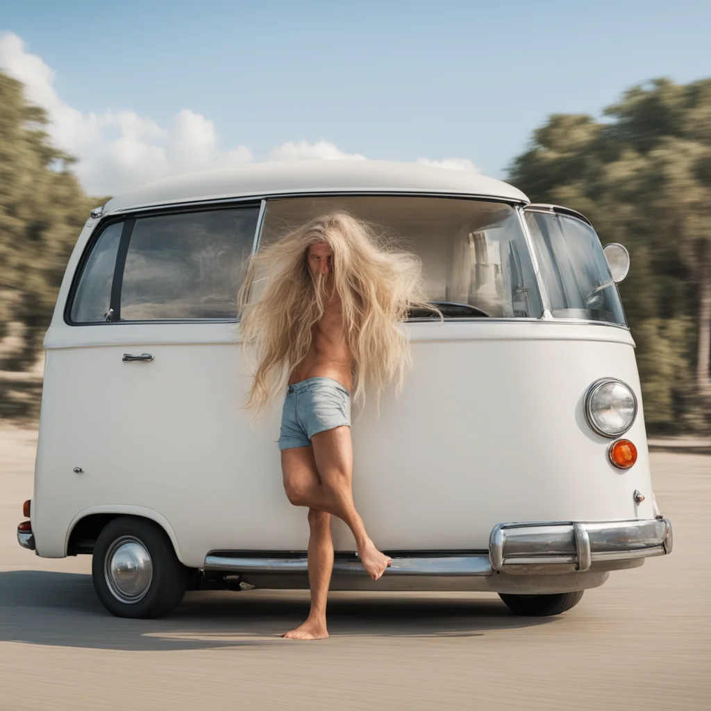 old blond surfer with long hair and big nose driving a white van