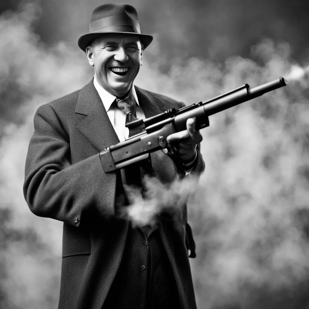 old gangster with Thompson machine gun shooting wildly 1930s grinning tumours fleisch ungeheuer silent film high definit