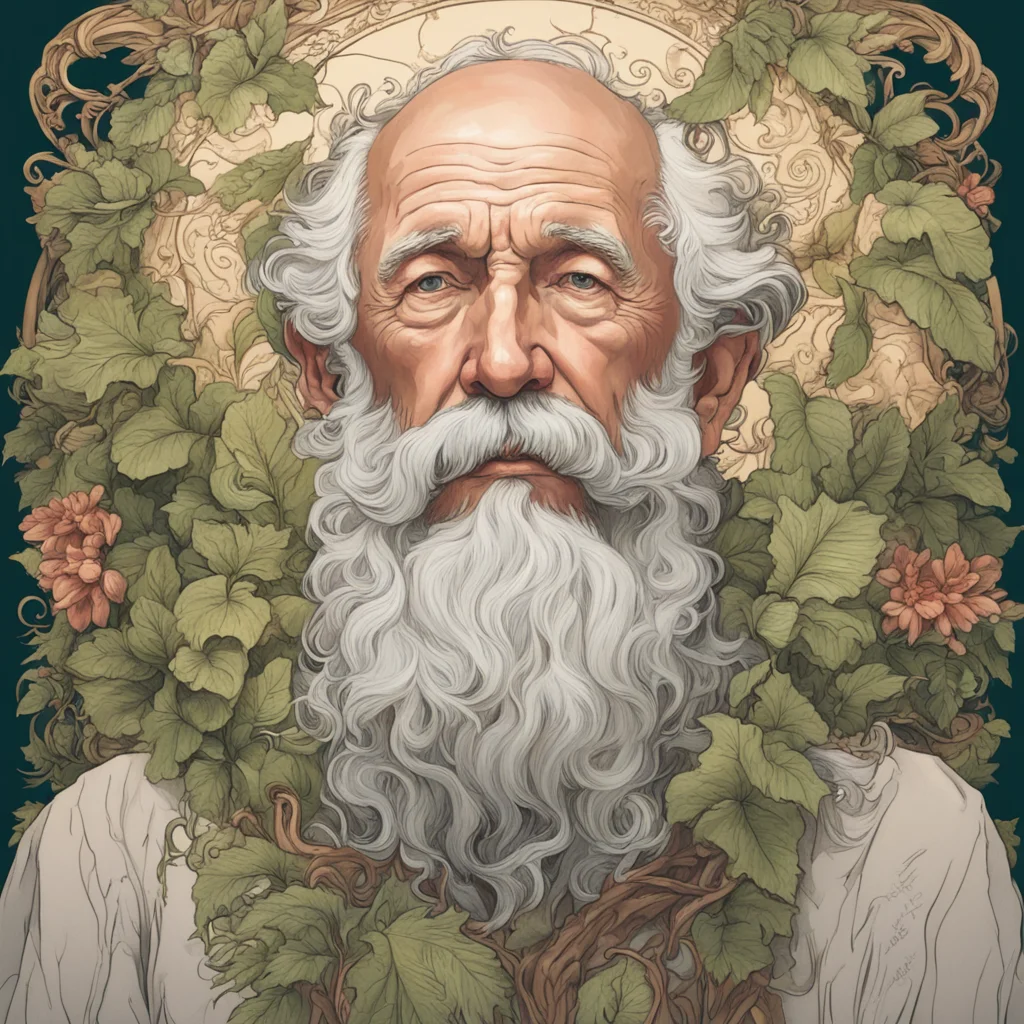 old man accepting life acceptance insight beard made of foliage in the style of Alfons Mucha —ar 23
