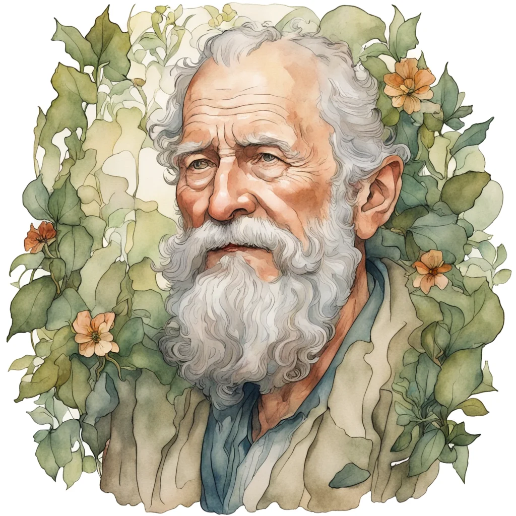 old man accepting life acceptance insight beard made of foliage in the style of Alfons Mucha watercolor ink outlines —ar